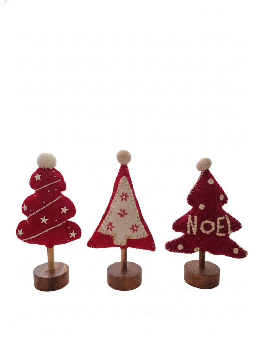 Set of 3 Handmade Felt Christmas Tree Decorations with Wooden Stands